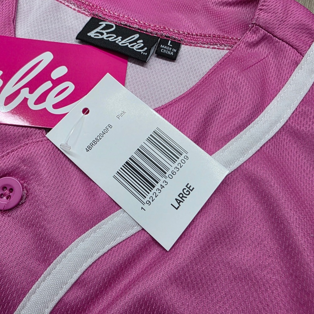 Barbie Baseball Jersey Pink White Button Up Logo 59 Graphic Shirt Large Womens - Picture 6 of 13
